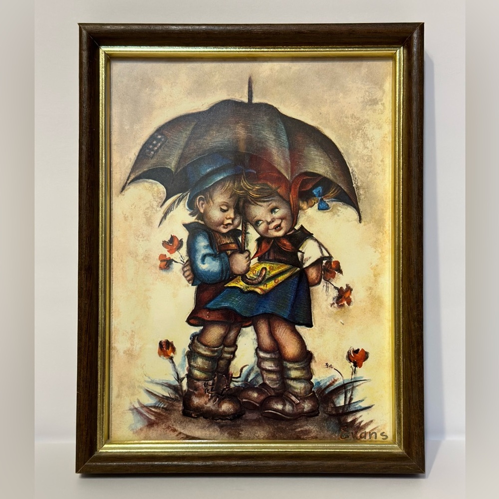 Vintage Hummel Evans Framed Art Boy and Girl Under Umbrella